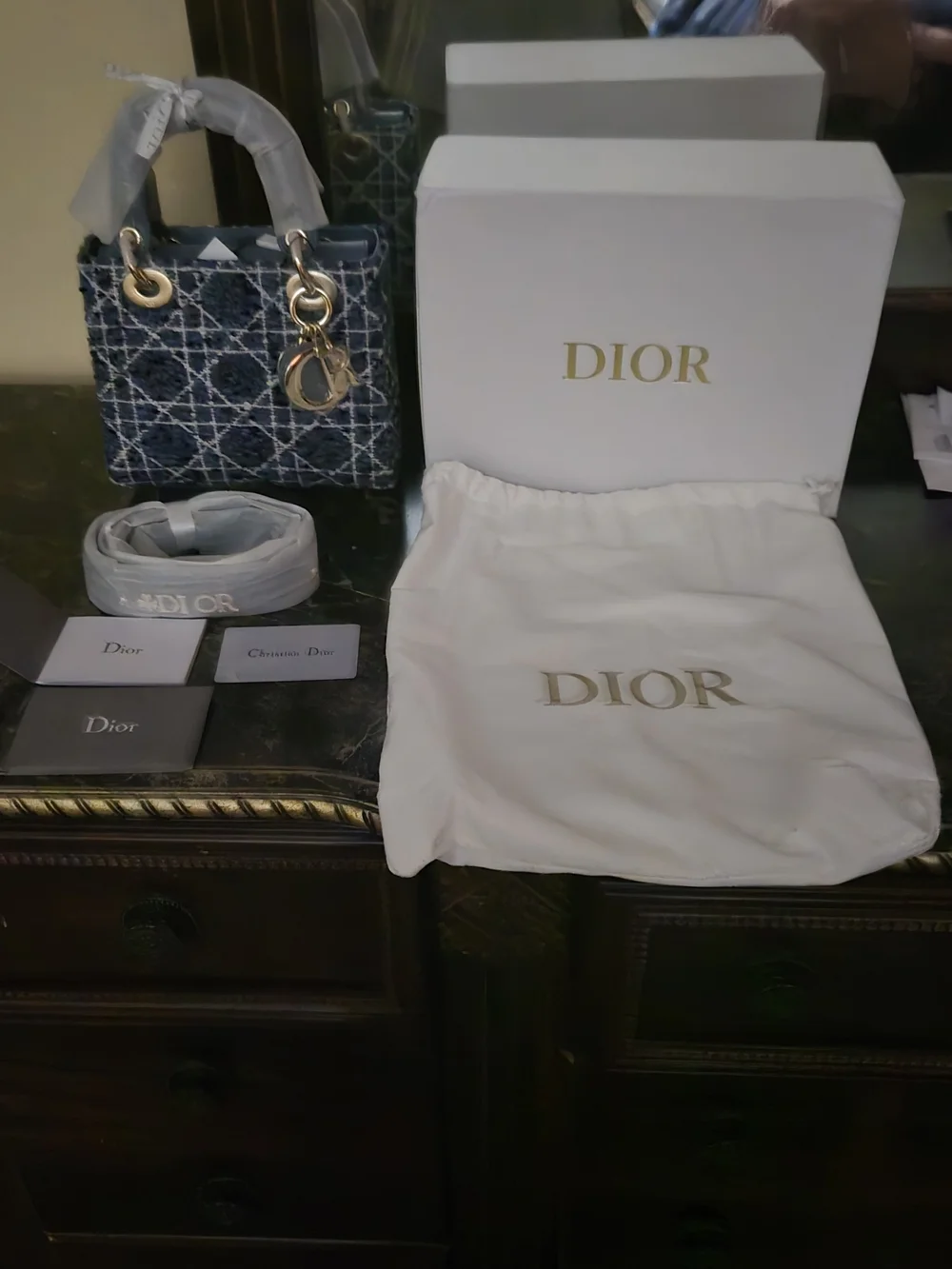 Dior Navy Cannage Mini Lady Dior Satchel with Gold Hardware